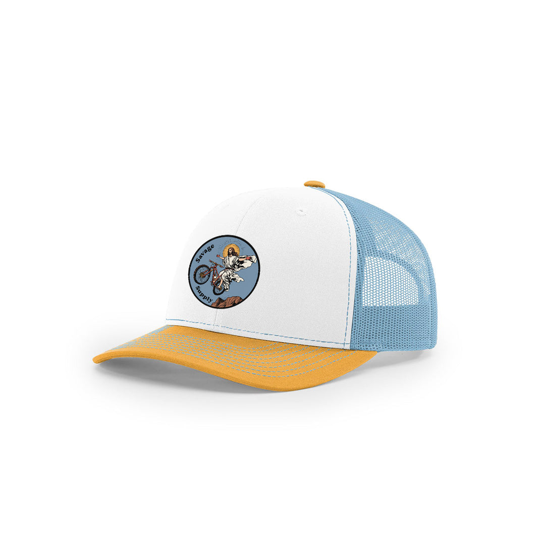 Jesus Take the Wheel Trucker Hat White/Gold/Columbia Blue